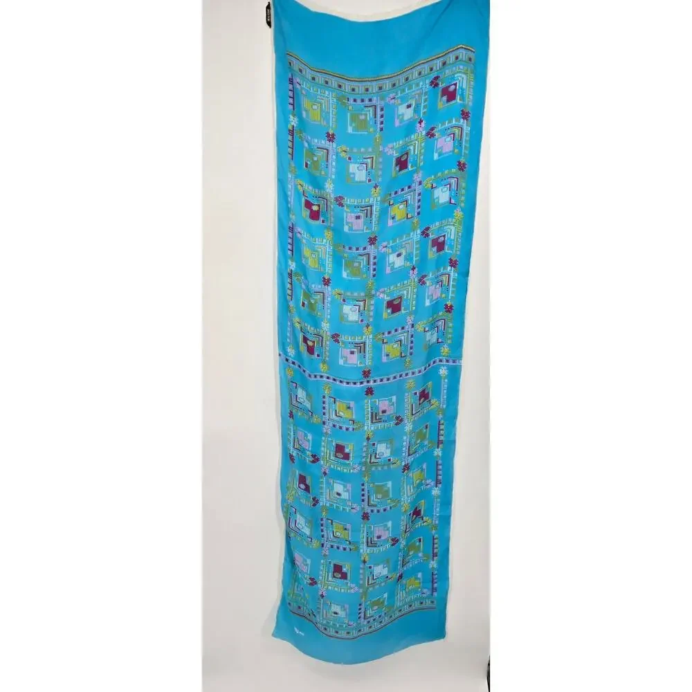 Vintage Desen India 100% Turkish Silk Scarf – Bright Blue Folk Geometric Pattern